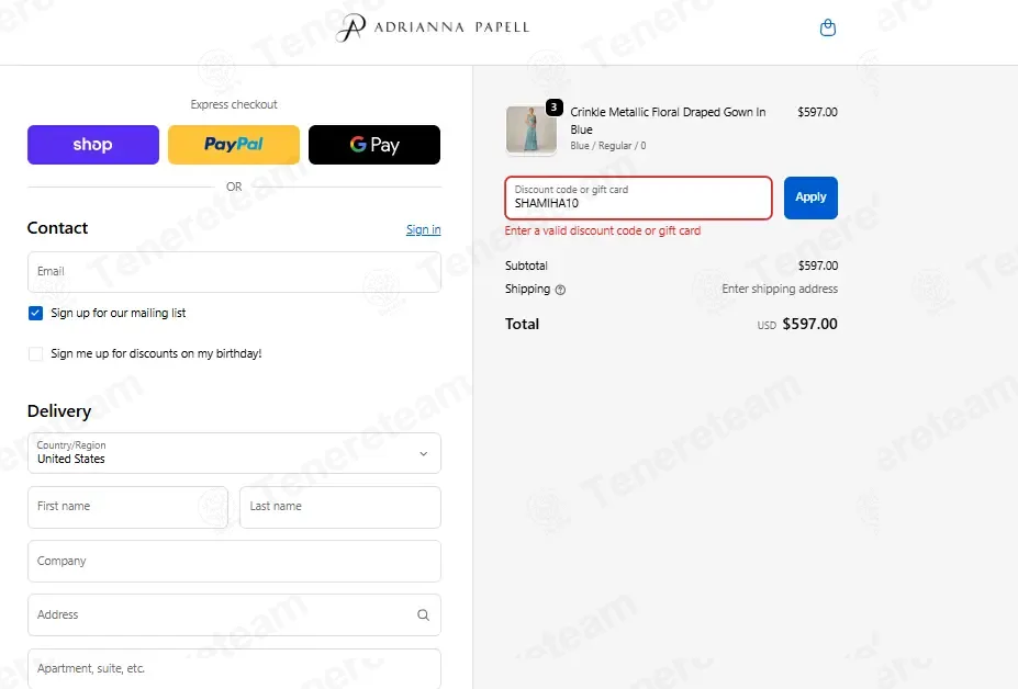 Adrianna Papell coupon code: 10% off with SHAMIHA10. Tested and valid as 1 week ago.