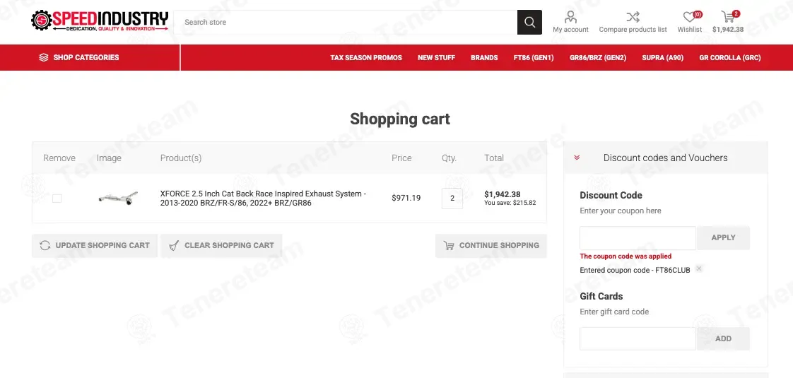 Speed Industry coupon code: 20% off with FT86CLUB. Tested and valid as 3 months ago.