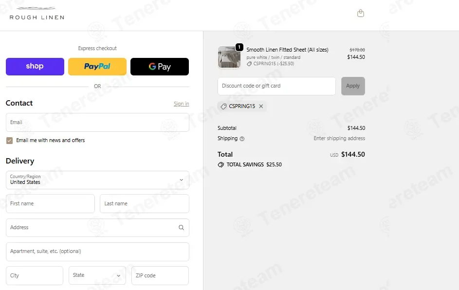 Rough Linen coupon code: 15% off with CSPRING15. Tested and valid as 1 week ago.