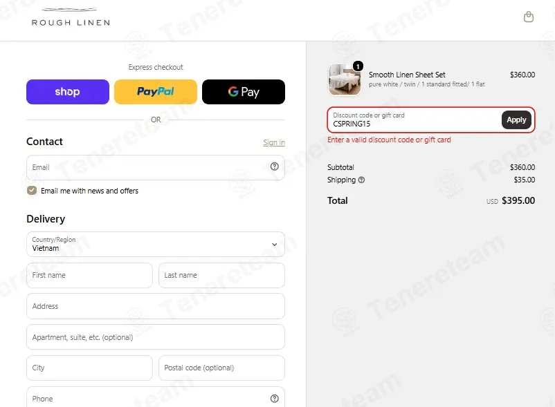 Rough Linen coupon code: 15% off with CSPRING15. Tested and valid as 1 week ago.