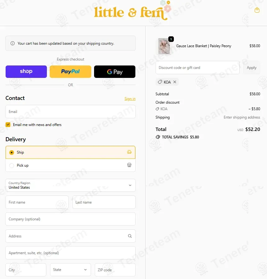 Little and Fern coupon code: 10% off with KOA. Tested and valid as 6 months ago.