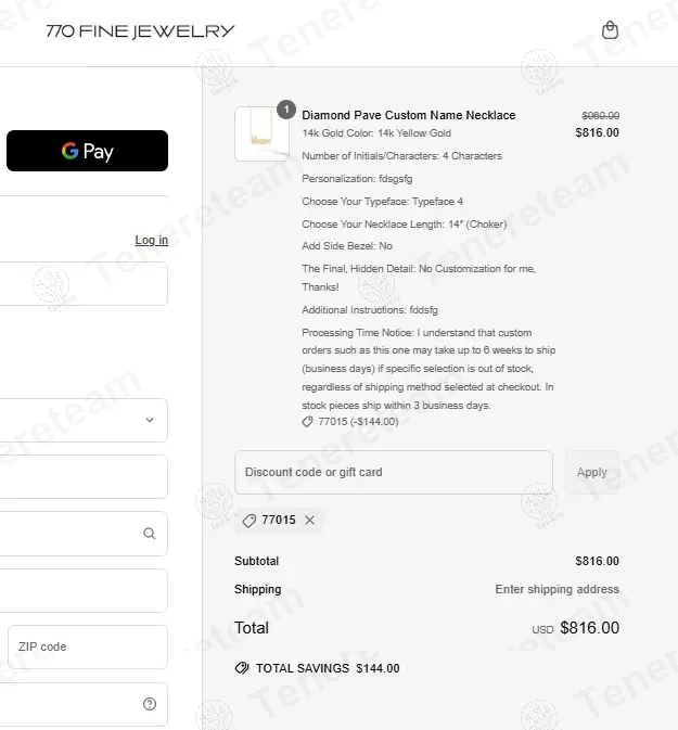 770 Fine Jewelry coupon code: 15% off with 77015. Tested and valid as 1 year ago.
