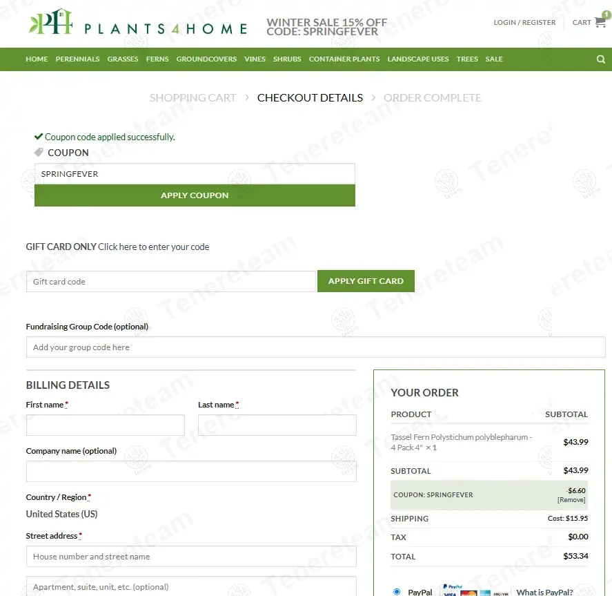 Plants4Home coupon code: 15% off with SPRINGFEVER. Tested and valid as 9 months ago.