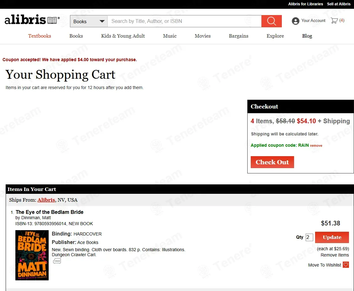 Alibris coupon code: $4 off with RAIN. Tested and valid as 3 weeks ago.