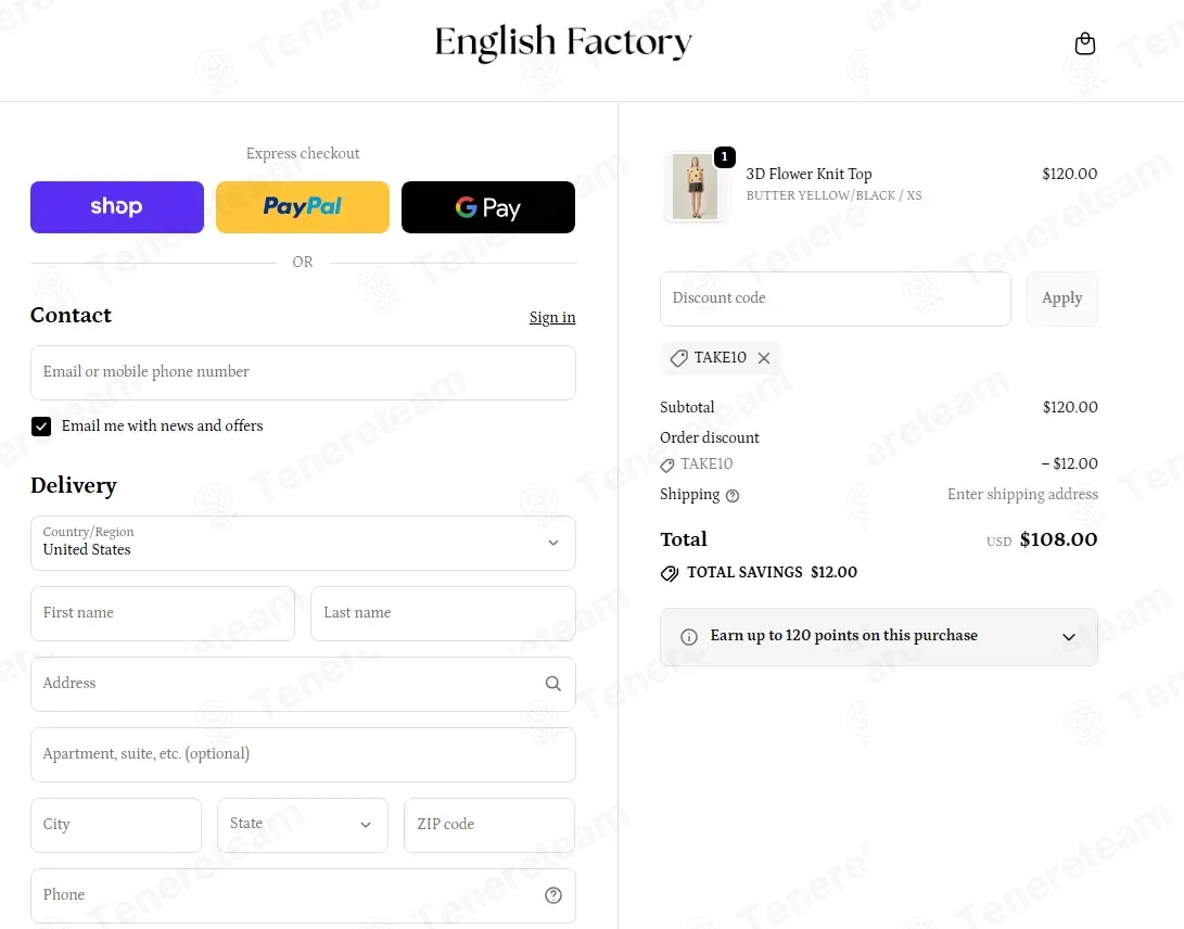 English Factory coupon code: 10% off with TAKE10. Tested and valid as 7 months ago.