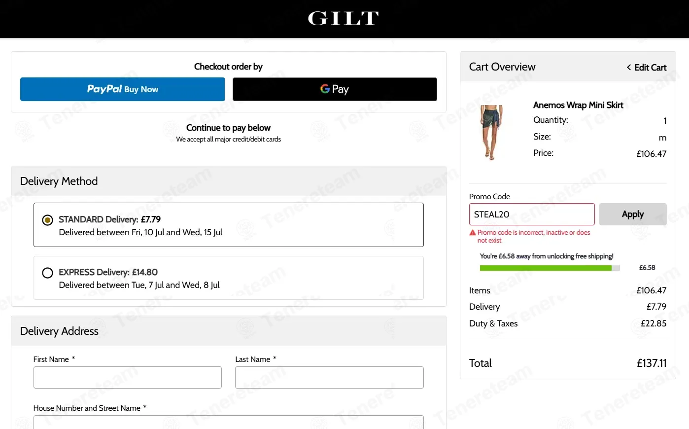 Gilt coupon code: 20% off with STEAL20. Tested and valid as 1 week ago.