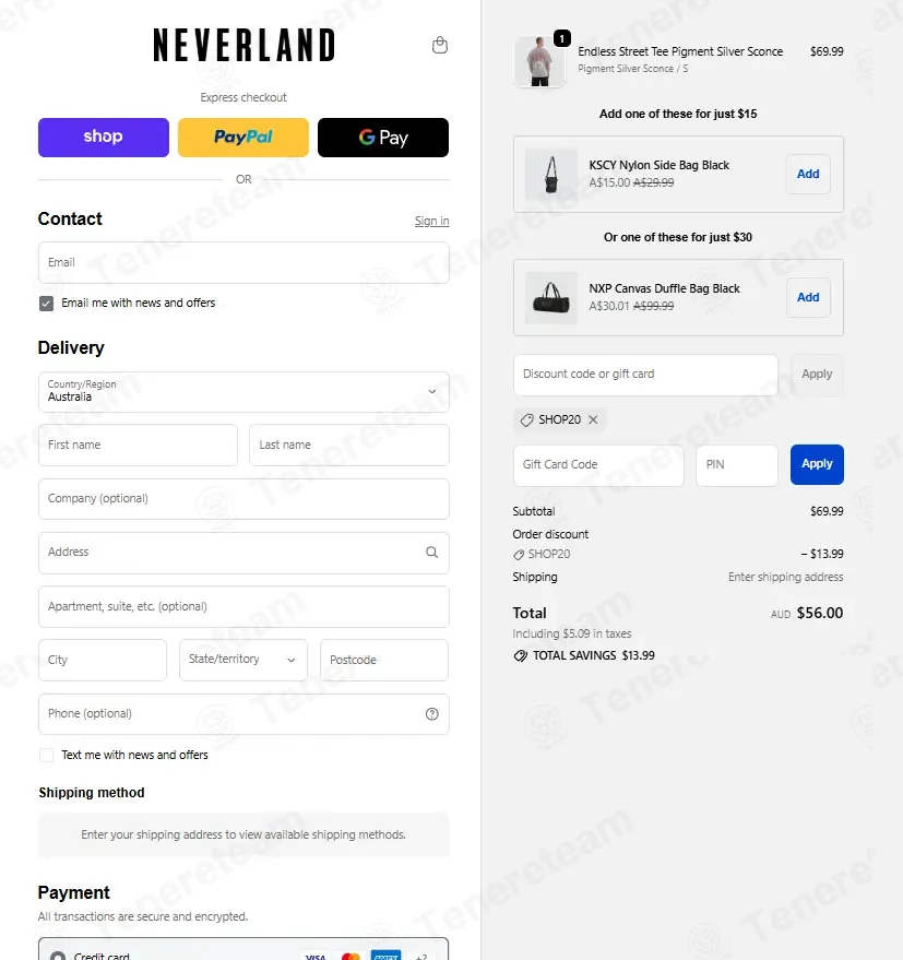 Neverland Store AU coupon code: 20% off with Shop20. Tested and valid as 3 weeks ago.
