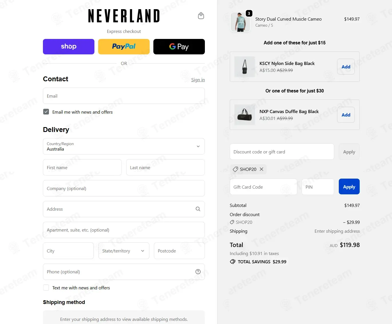 Neverland Store AU coupon code: 20% off with Shop20. Tested and valid as 3 weeks ago.