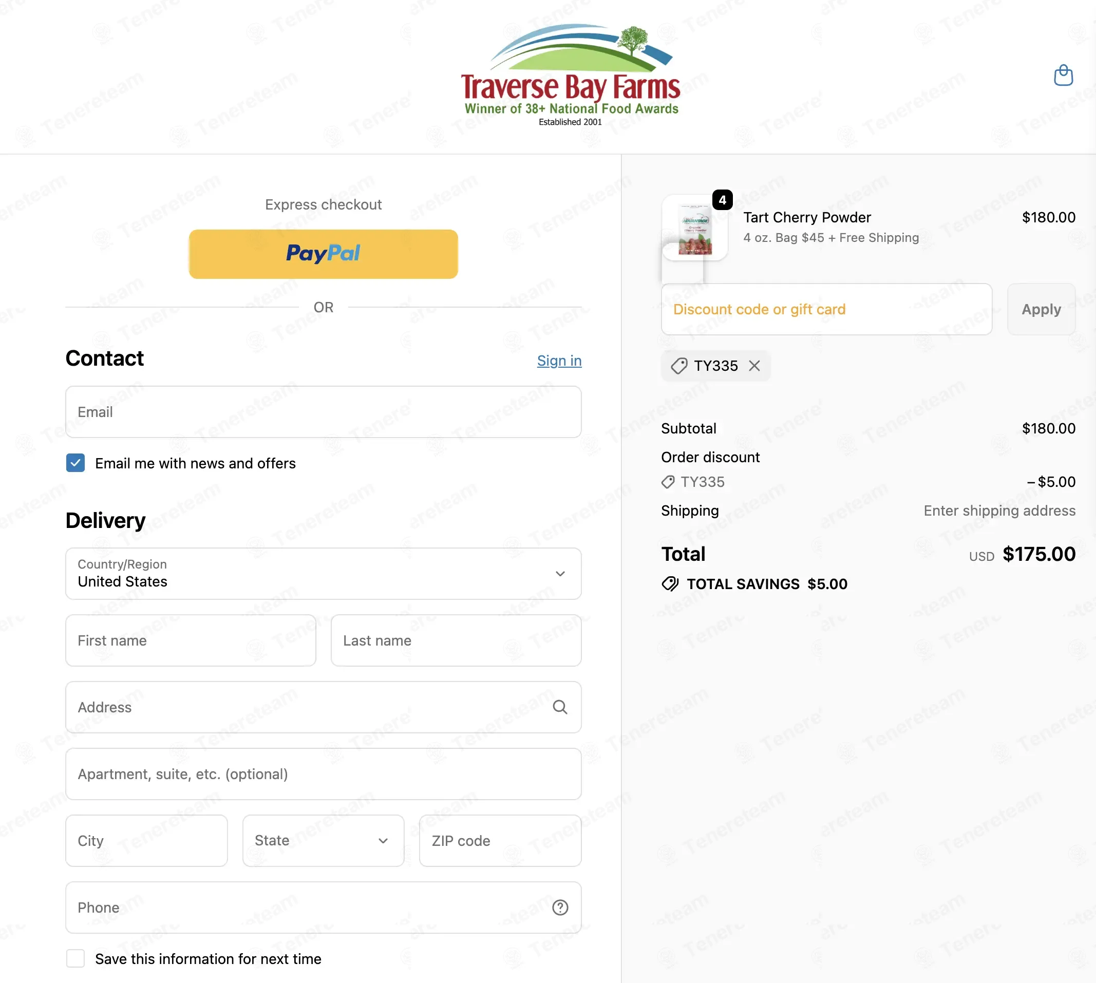 Traverse Bay Farms coupon code: $5 off with TY335. Tested and valid as 2 months ago.