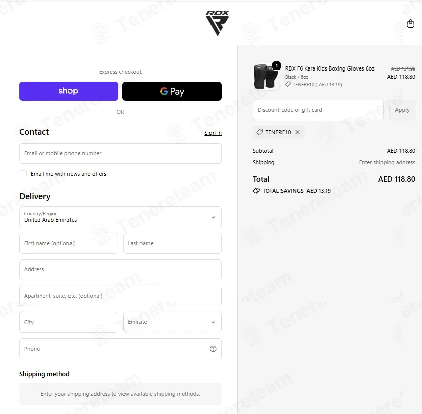 RDX Sports AE coupon code: 10% off with TENERE10. Tested and valid as 1 month ago.