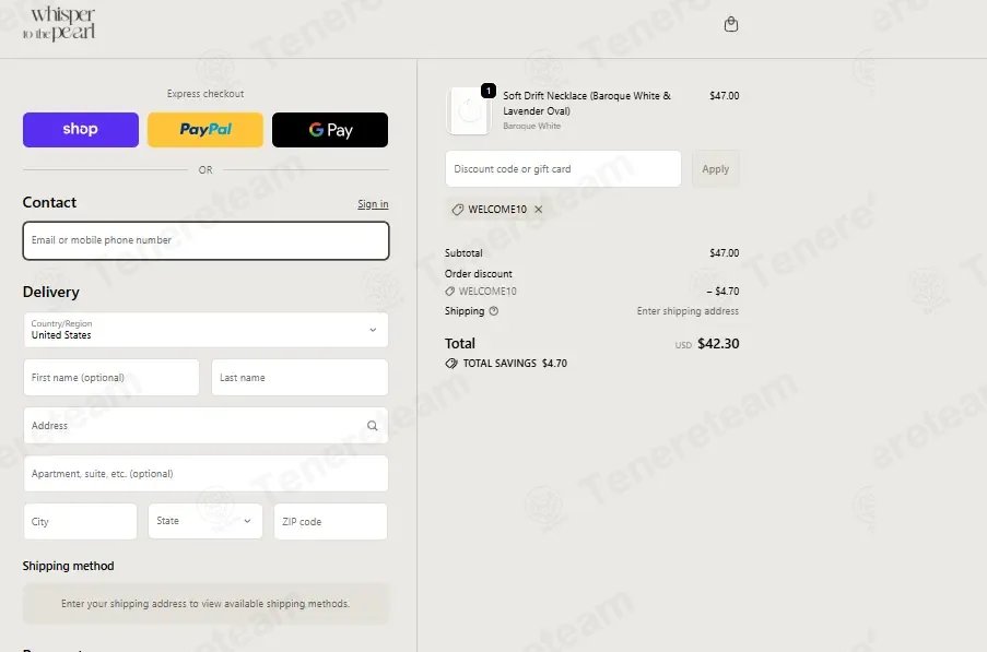 Whisper To The Pearl coupon code: 10% off with WELCOME10. Tested and valid as 3 months ago.