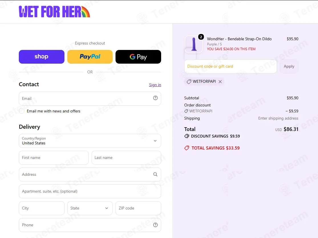 Wet For Her coupon code: 10% off with wetforpapi. Tested and valid as 4 days ago.