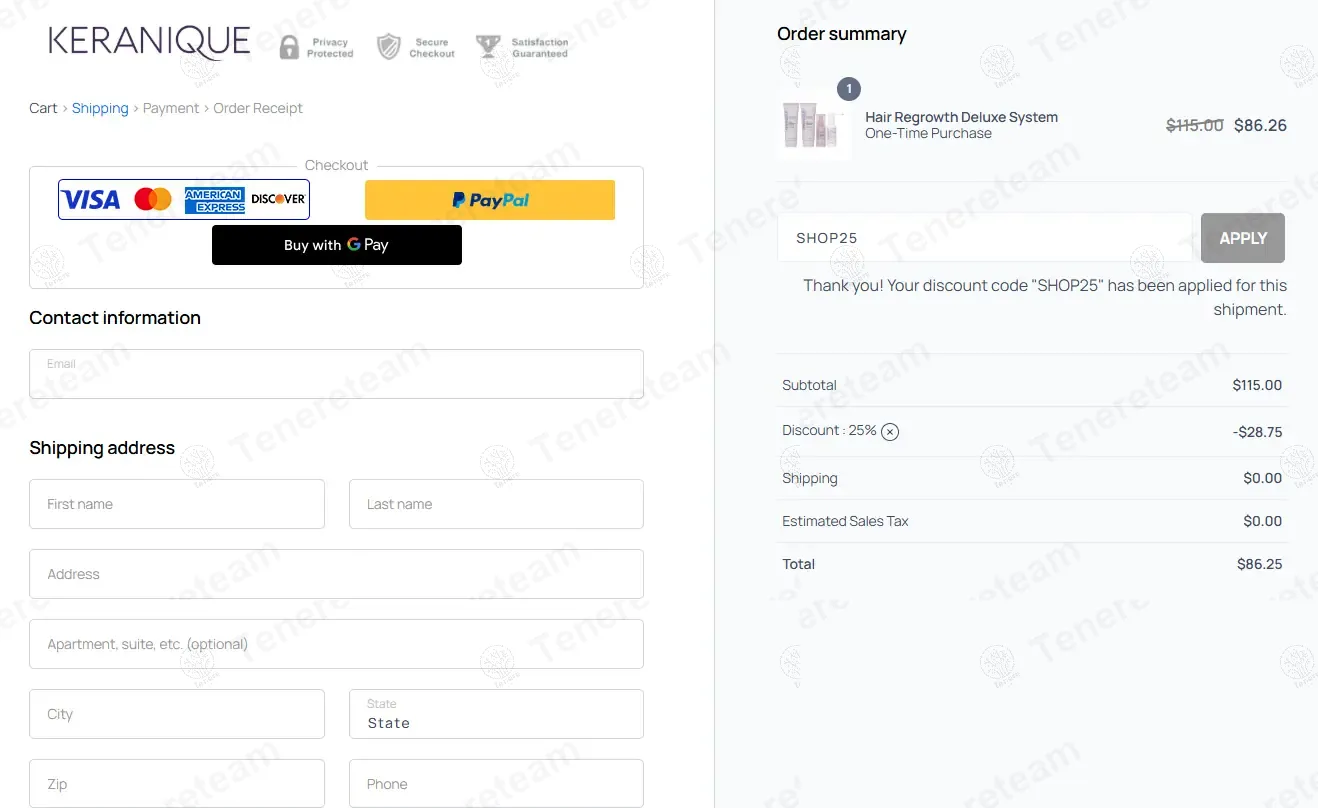 Keranique Shop coupon code: 25% off with SHOP25. Tested and valid as 7 months ago.
