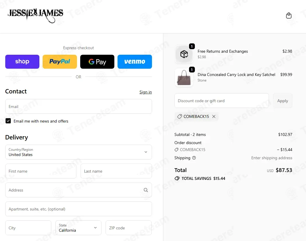 Jessie James Handbags coupon code: 15% off with COMEBACK15. Tested and valid as 3 weeks ago.