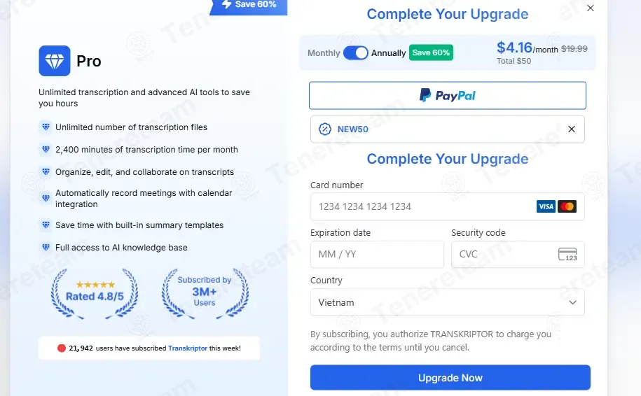 Transkriptor coupon code: 50% off with NEW50. Tested and valid as 3 months ago.