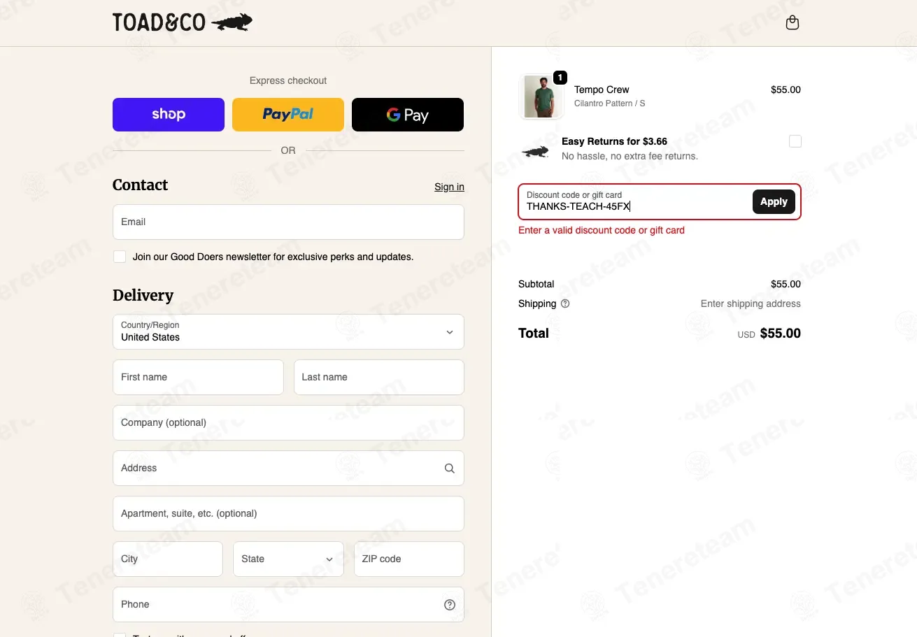 Toad & Co coupon code: 20% off with THANKS-TEACH-45FX. Tested and valid as 1 month ago.