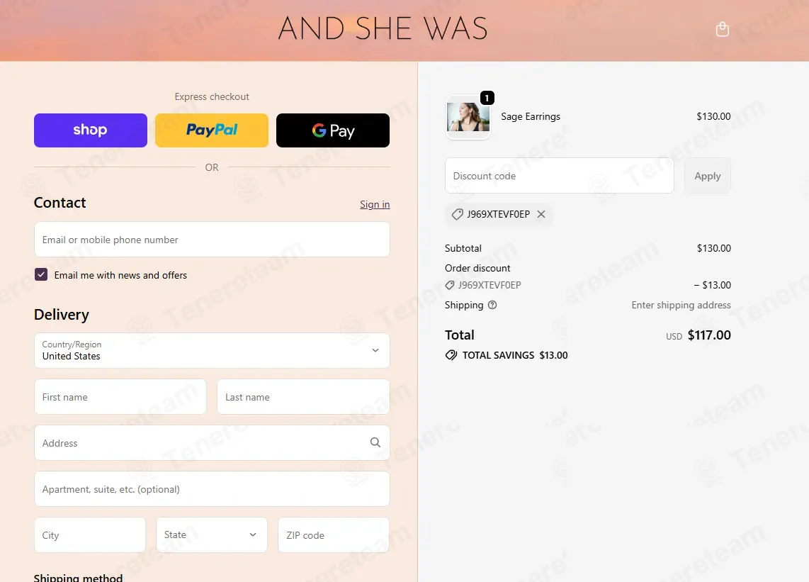 Shop and She Was coupon code: 10% off with J969XTEVF0EP. Tested and valid as 1 month ago.