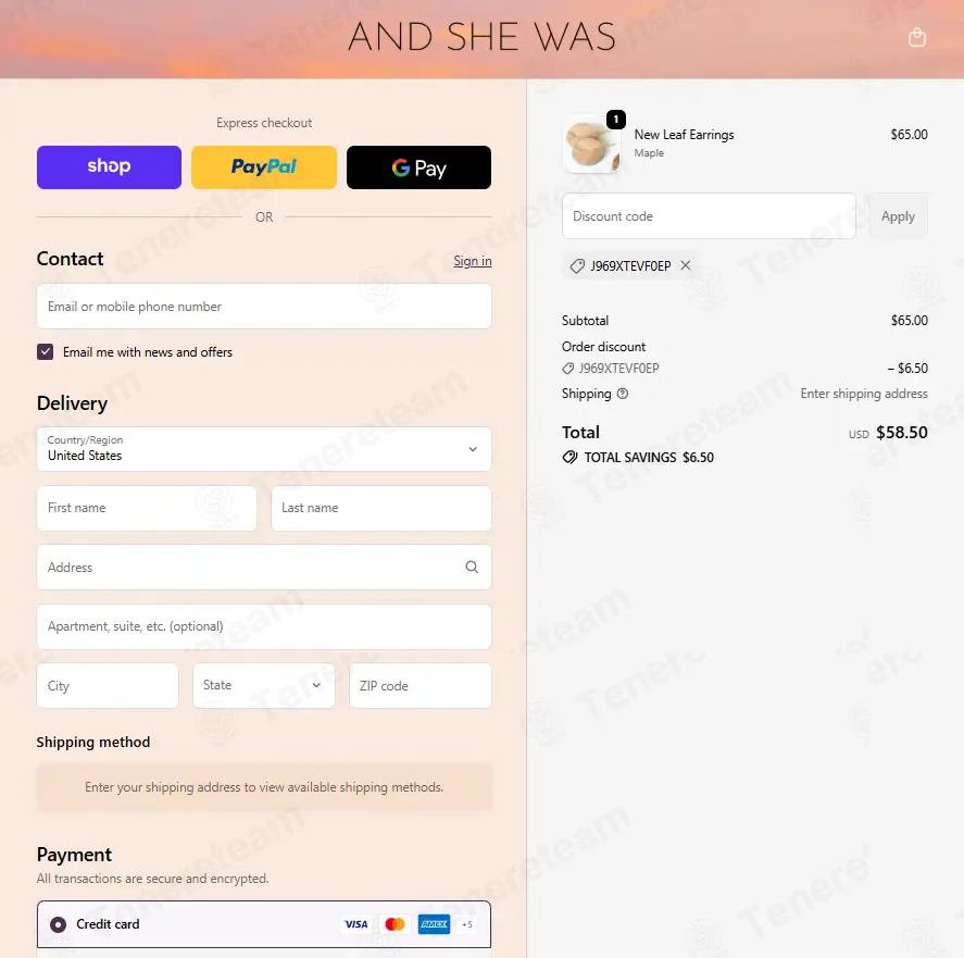 Shop and She Was coupon code: 10% off with J969XTEVF0EP. Tested and valid as 1 month ago.