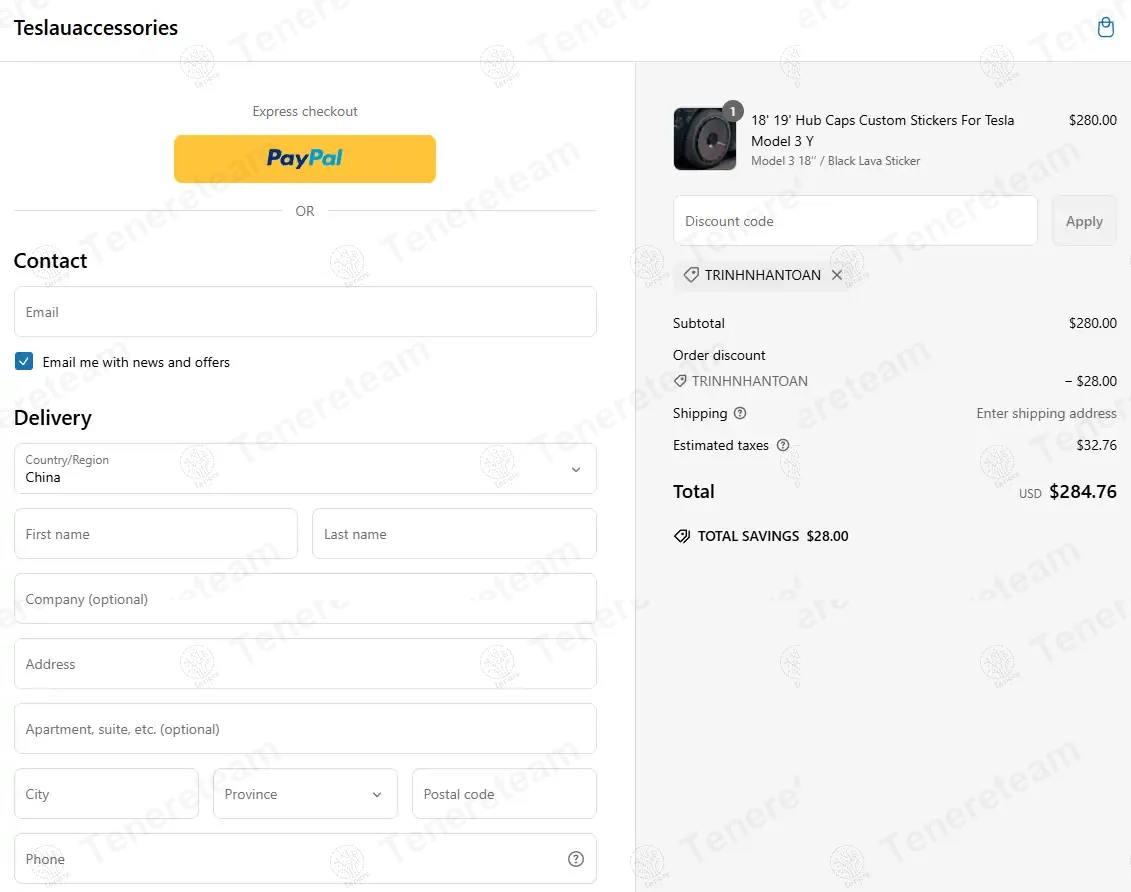 Teslauaccessories coupon code: 10% off with TRINHNHANTOAN. Tested and valid as 1 year ago.