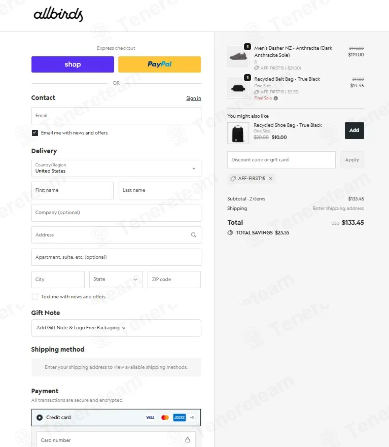 Allbirds coupon code: 15% off with AFF-FIRST15. Tested and valid as 1 week ago.