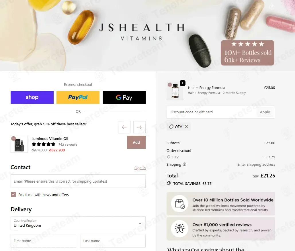 JSHealth Vitamins coupon code: 15% off with otv. Tested and valid as 1 month ago.
