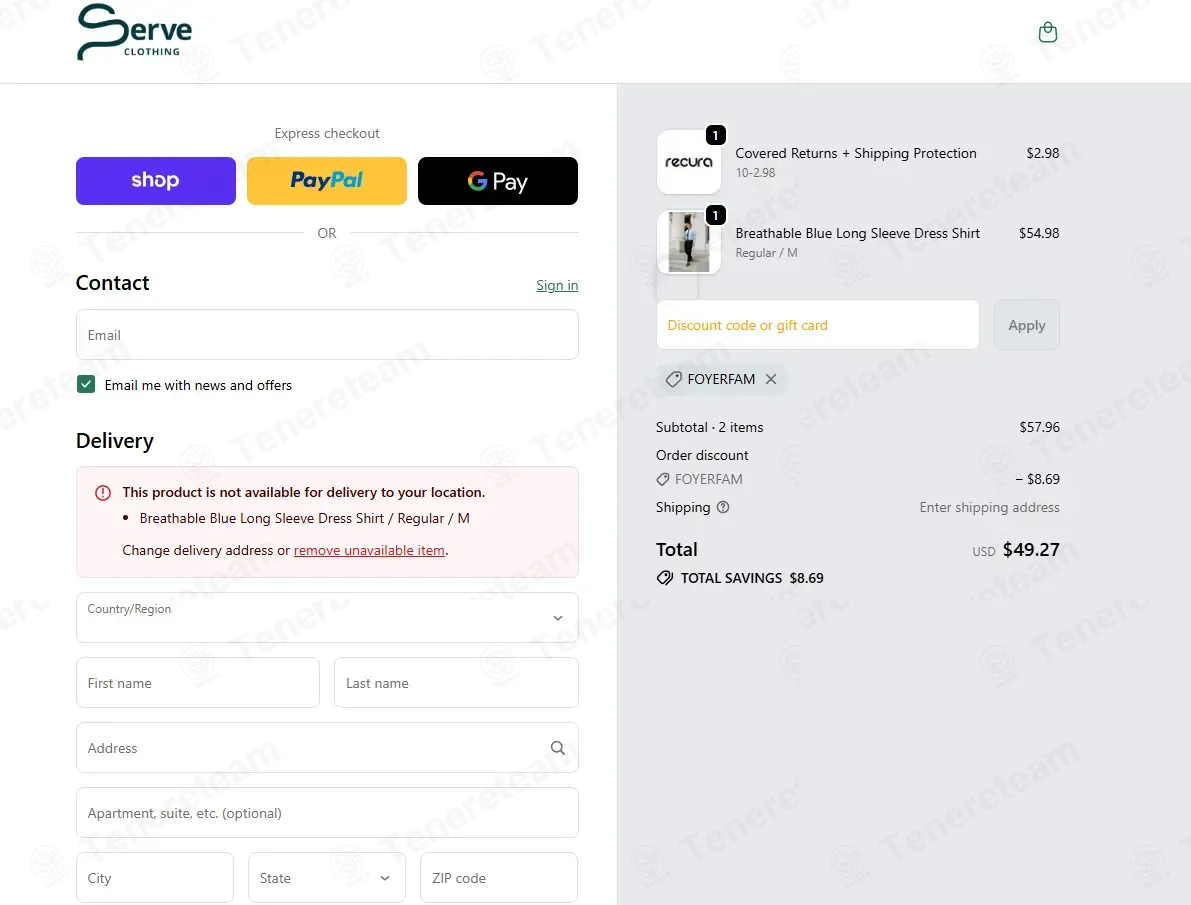 Serve Clothing coupon code: 15% off with FOYERFAM. Tested and valid as 1 month ago.