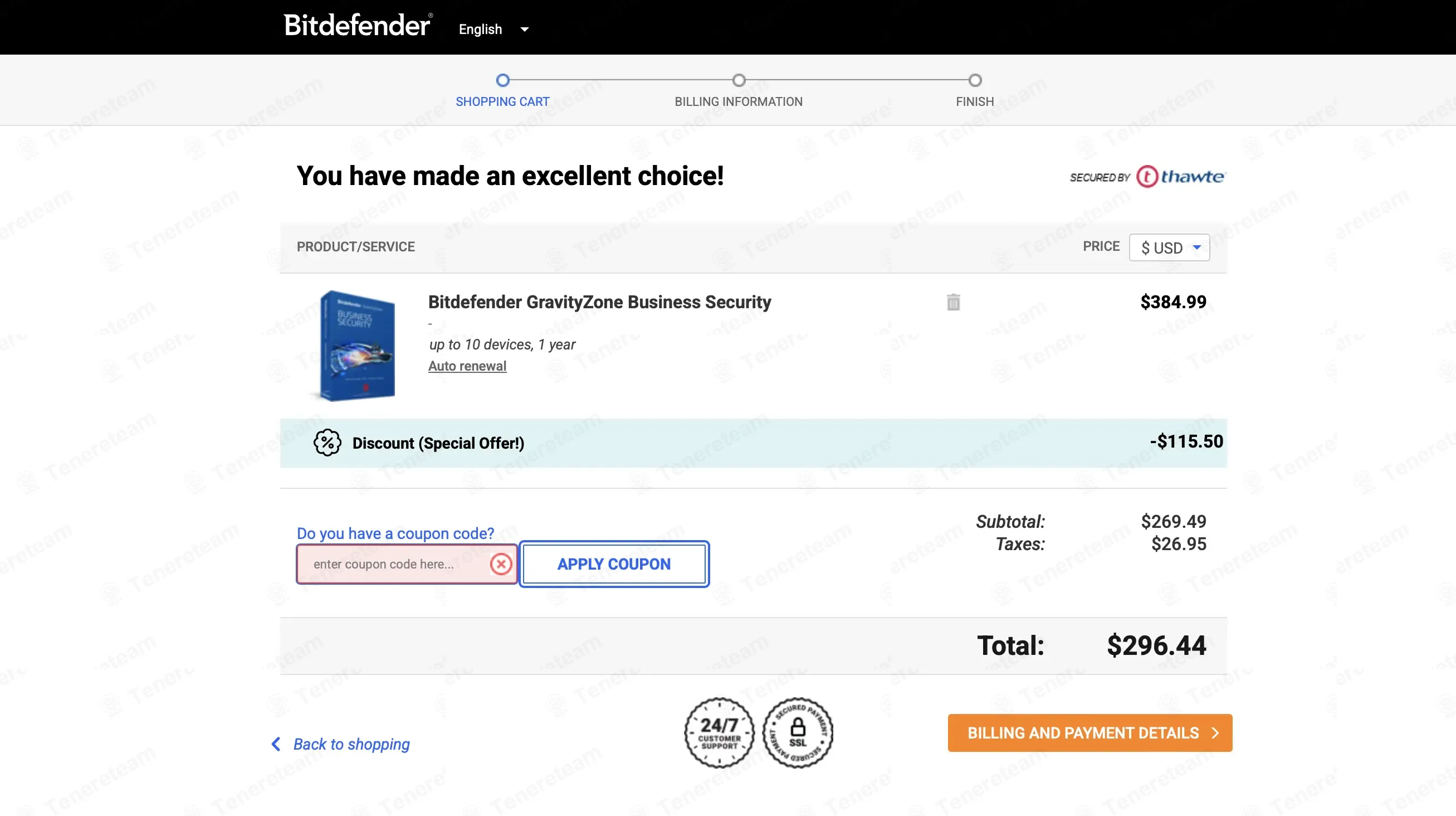 BitDefender coupon code: 50% off with CARTABANDON-50OFF. Tested and valid as 6 months ago.