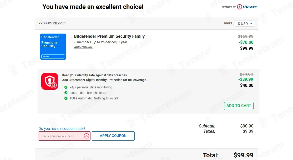 BitDefender coupon code: 50% off with CARTABANDON-50OFF. Tested and valid as 6 months ago.