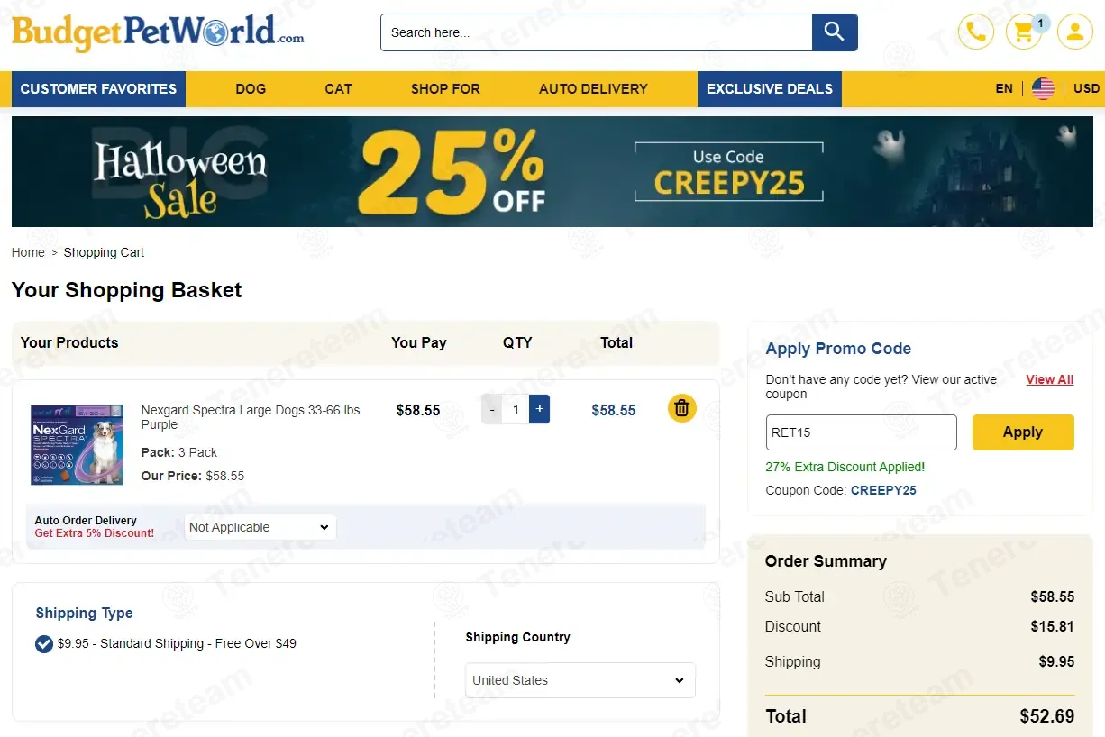 BudgetPetWorld coupon code: 27% off with RET15. Tested and valid as 7 months ago.