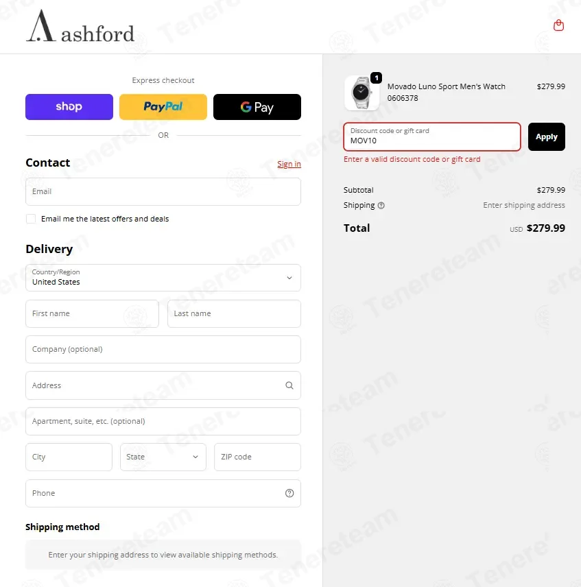 Ashford coupon code: 10% off with MOV10. Tested and valid as 2 months ago.