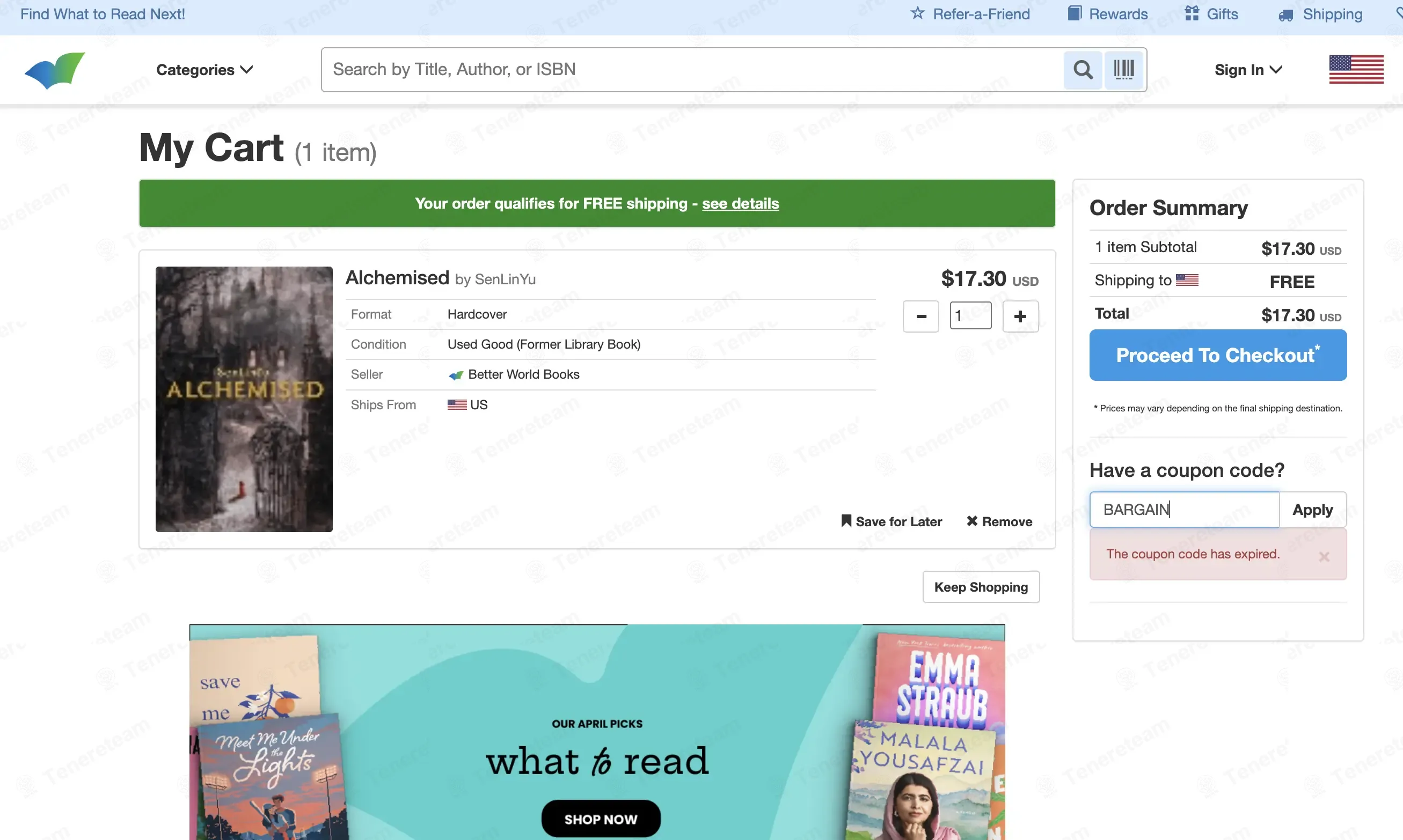Better World Books coupon code: $5 off with BARGAIN. Tested and valid as 3 months ago.