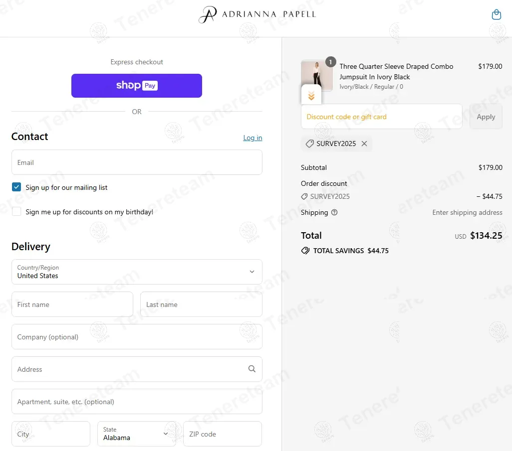 Adrianna Papell coupon code: 25% off with SURVEY2025. Tested and valid as 9 months ago.
