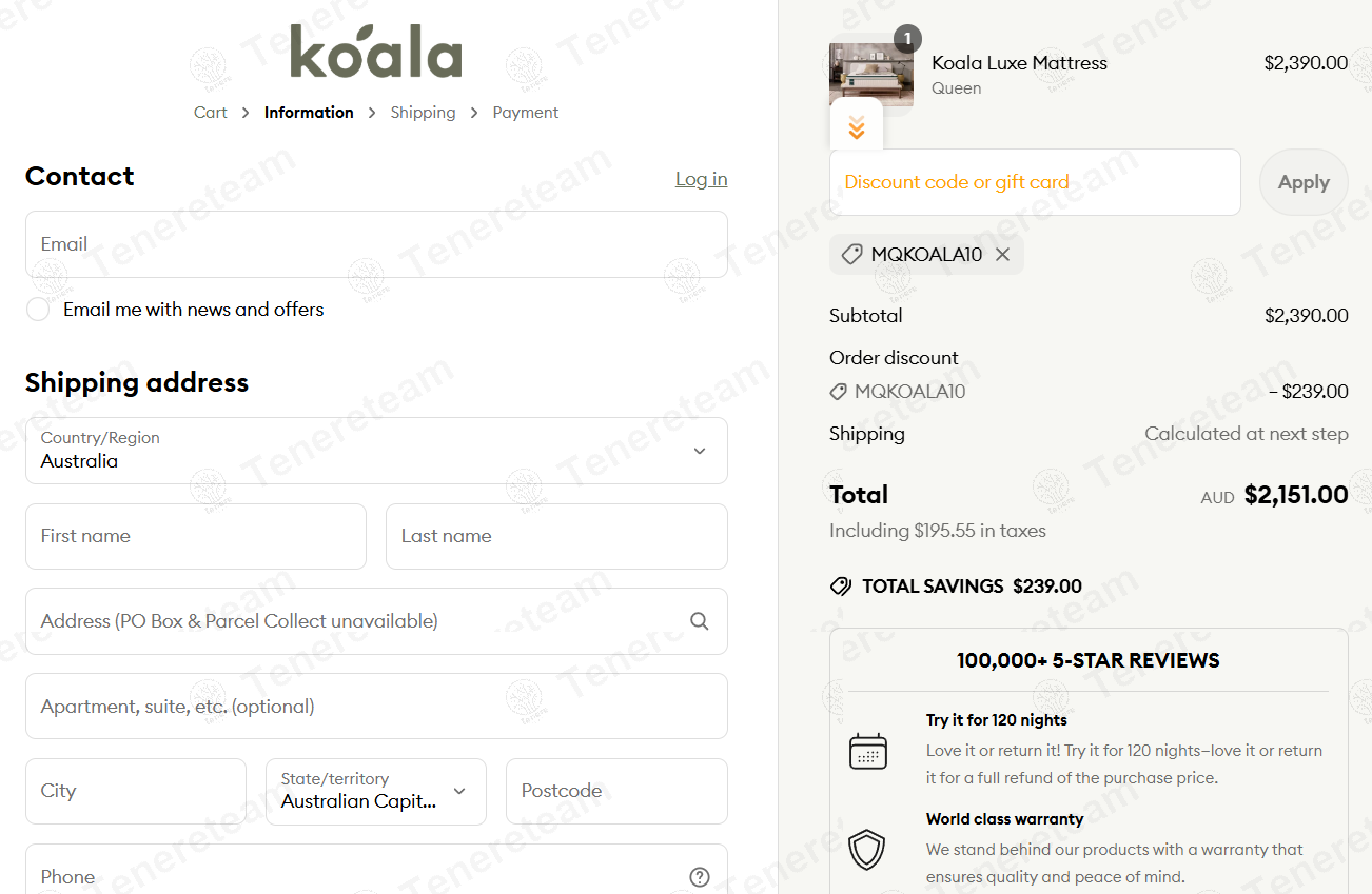 Koala Mattress coupon code: 10% off with MQKOALA10. Tested and valid as 7 months ago.