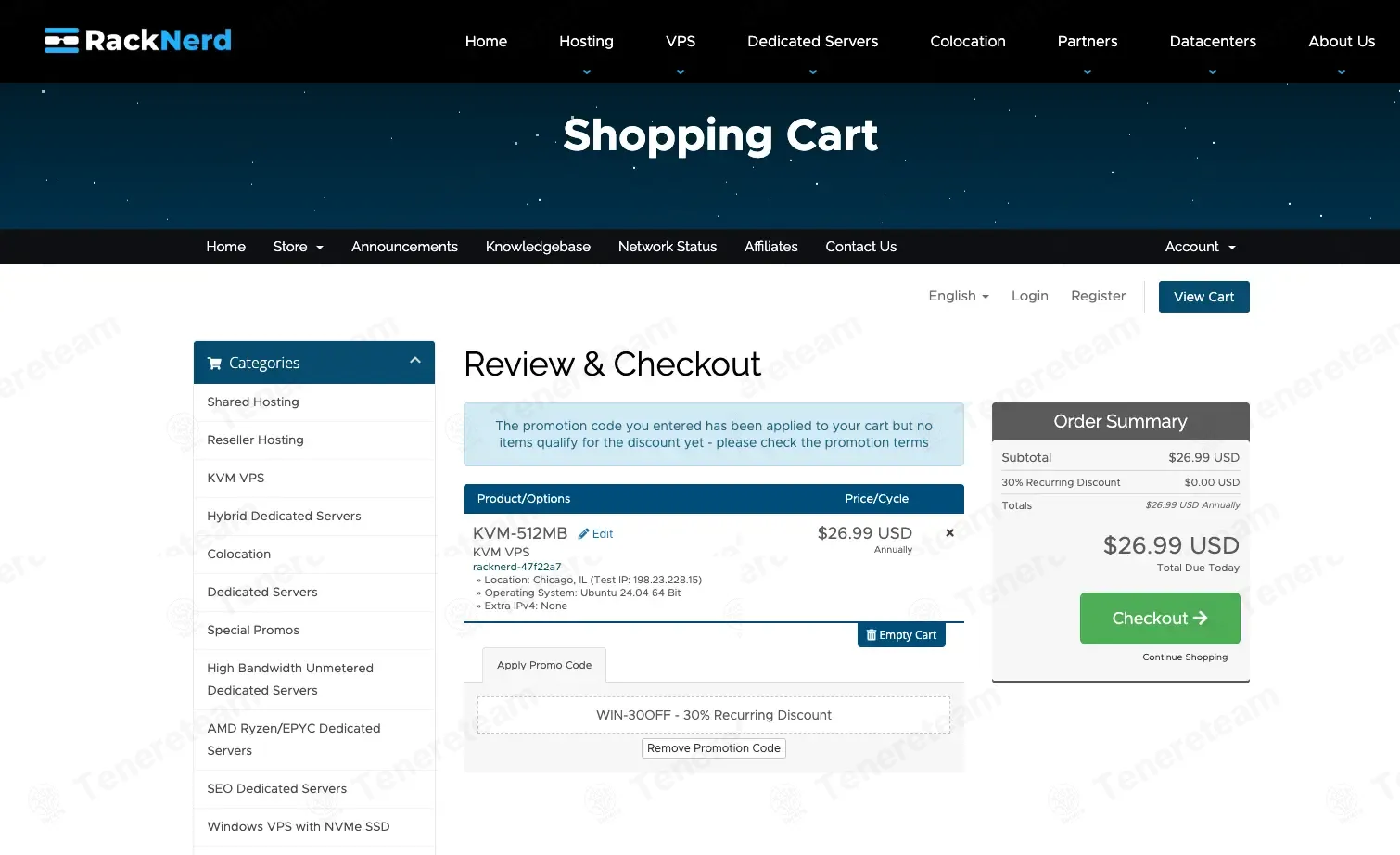 RackNerd coupon code: 30% off with WIN-30OFF. Tested and valid as 1 month ago.