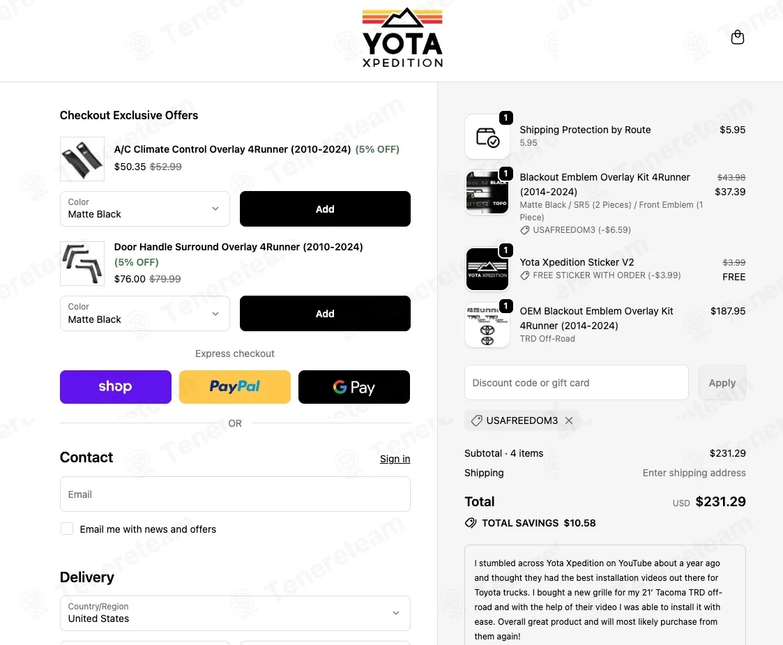 Yota Xpedition coupon code: 15% off with USAFREEDOM3. Tested and valid as 8 months ago.