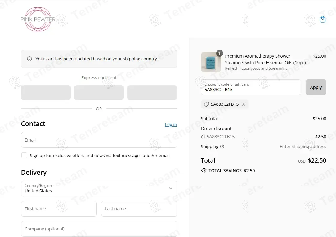Pink Pewter coupon code: 10% off with 5A883C2FB15. Tested and valid as 9 months ago.