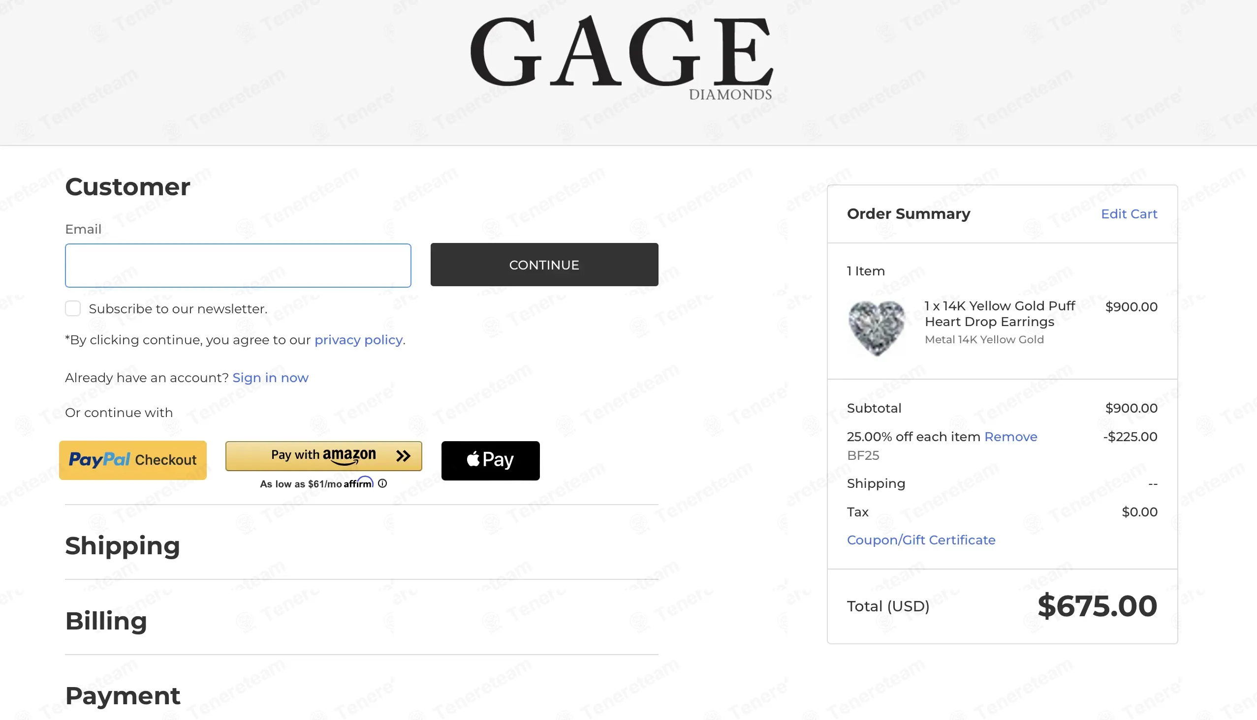 Gage Diamonds coupon code: 25% off with BF25. Tested and valid as 9 months ago.