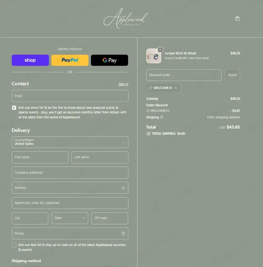 Applewood Candle Co. coupon code: 10% off with WELCOME10. Tested and valid as 1 month ago.