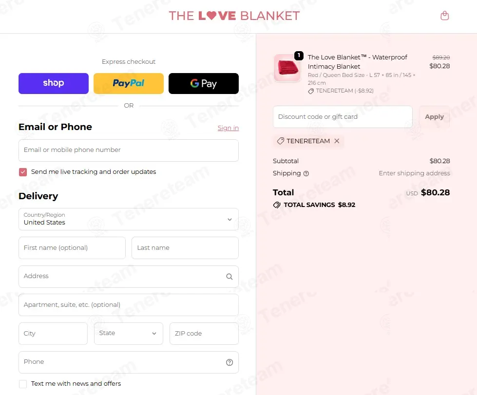 The Love Blanket coupon code: 10% off with TENERETEAM. Tested and valid as 3 weeks ago.