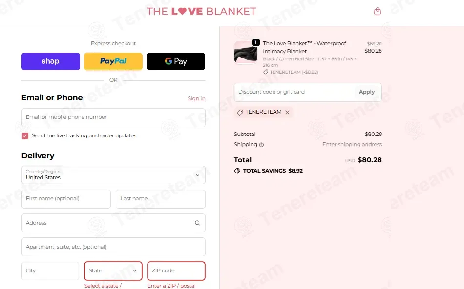 The Love Blanket coupon code: 10% off with TENERETEAM. Tested and valid as 3 weeks ago.