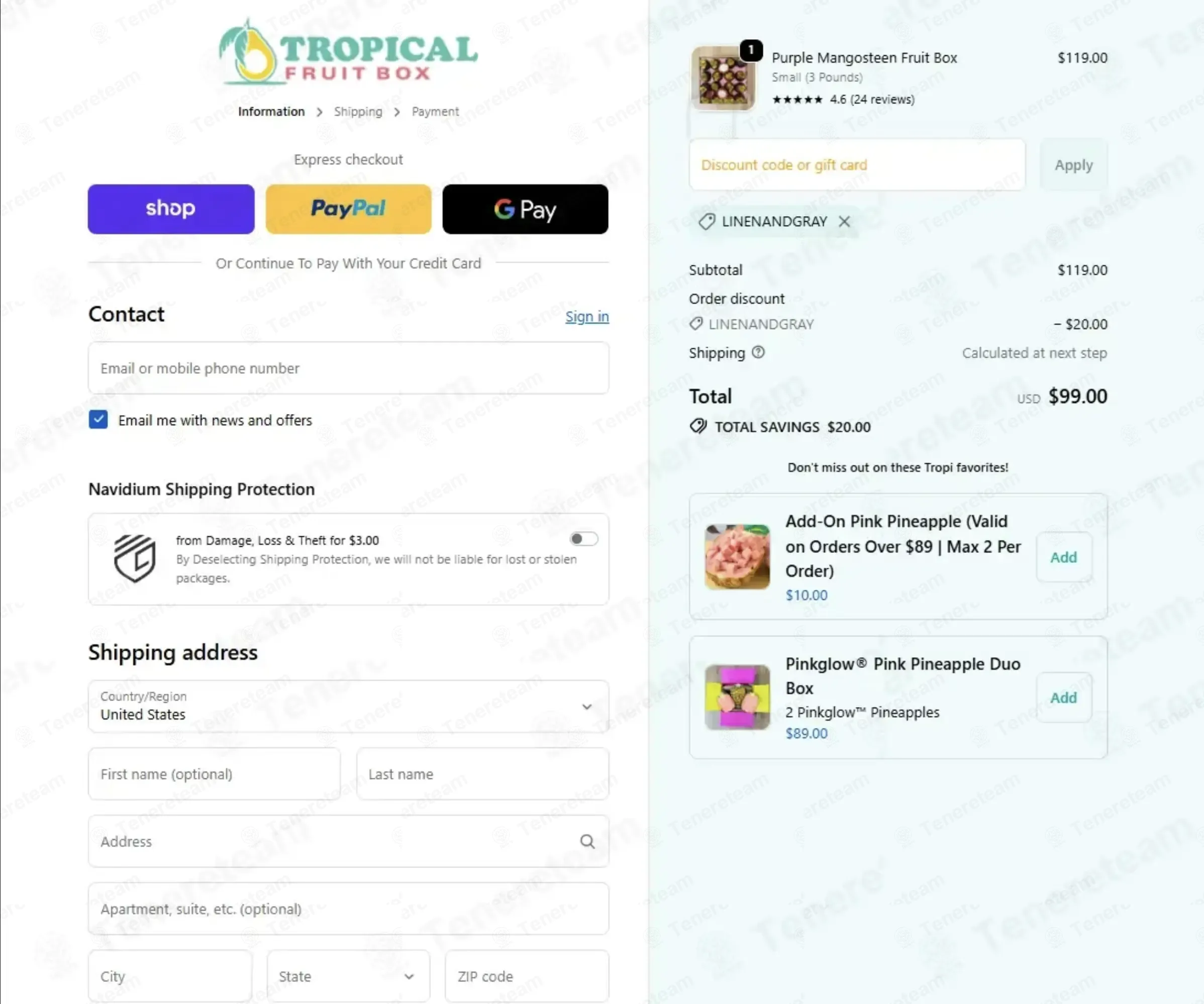 Tropical Fruit Box coupon code: $20 off with LINENANDGRAY. Tested and valid as 6 days ago.