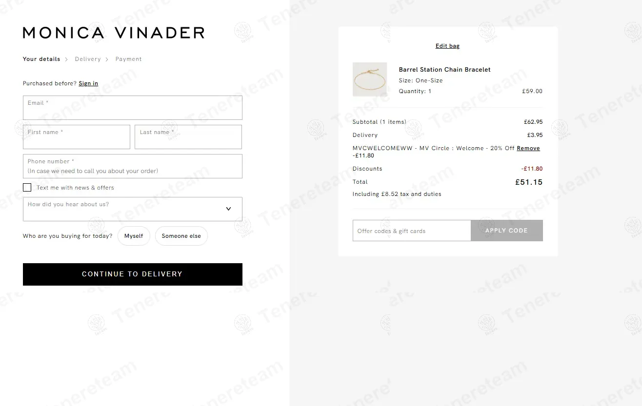 Monica Vinader coupon code: 20% off with MVCWELCOMEWW. Tested and valid as 9 months ago.