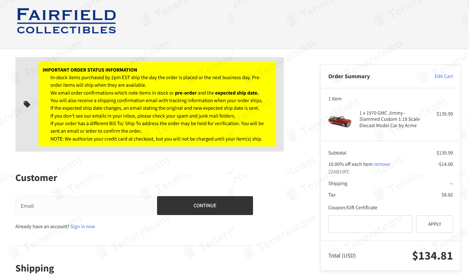 Fairfield Collectibles coupon code: 10% off with 22AB10FC. Tested and valid as 8 months ago.