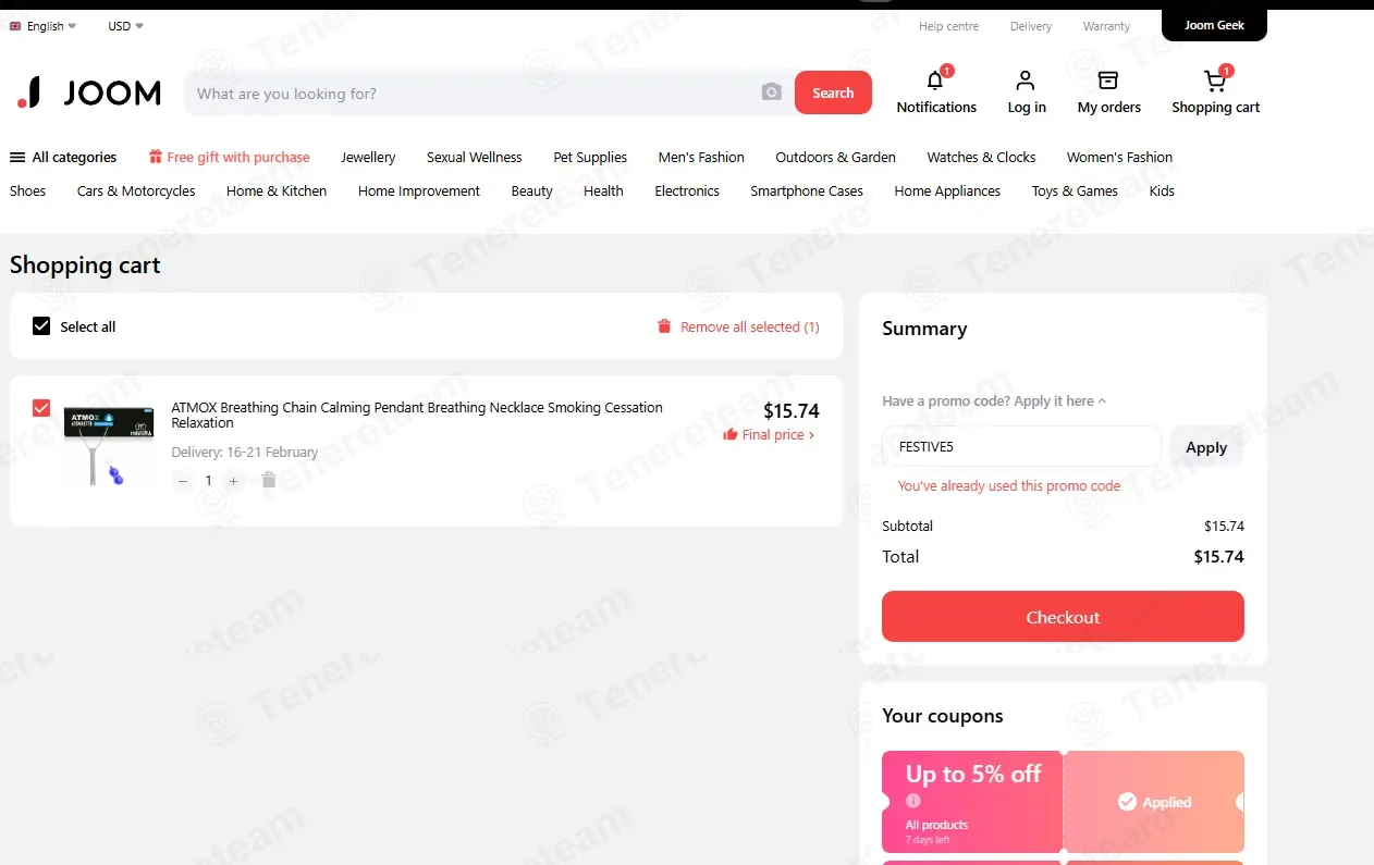 Joom coupon code: 5% off with FESTIVE5. Tested and valid as 2 months ago.