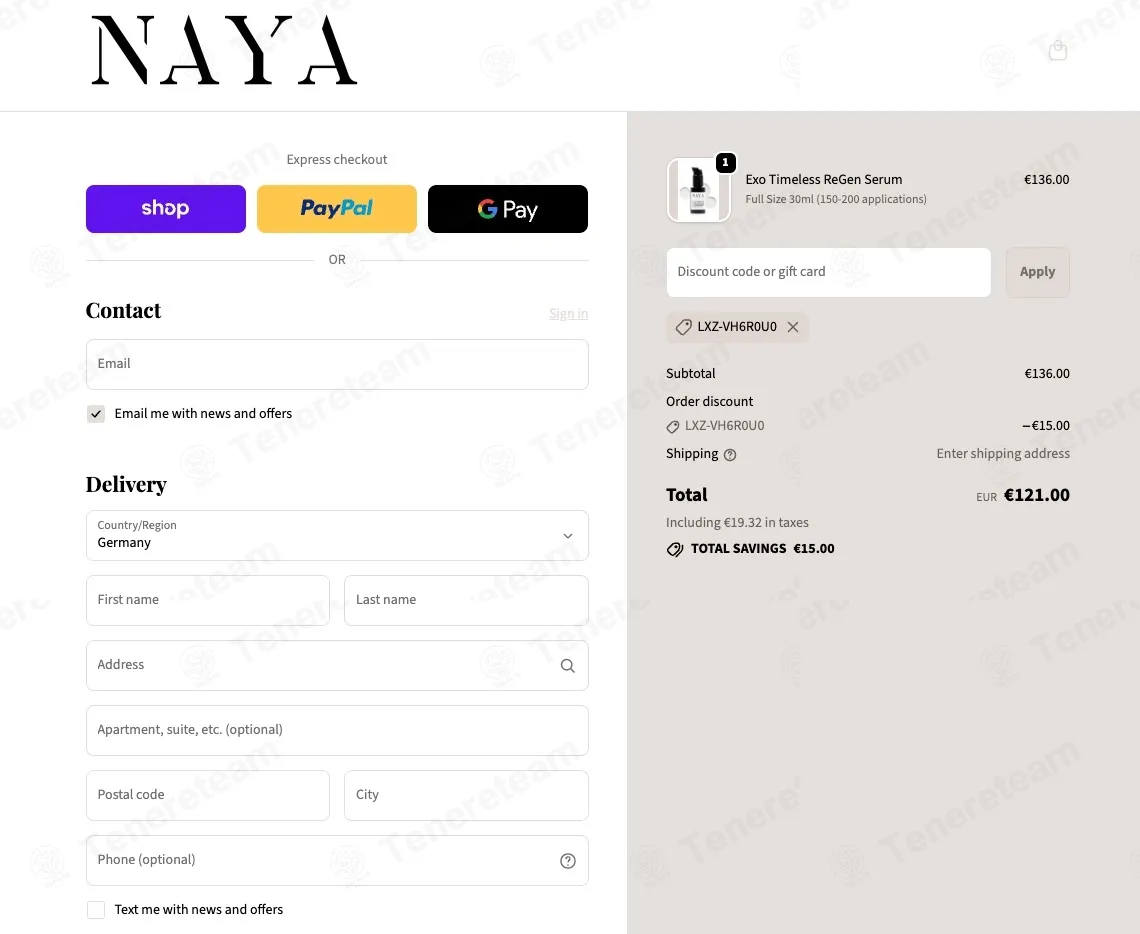NAYA coupon code: €15 off with LXZ-VH6R0U0. Tested and valid as 7 months ago.