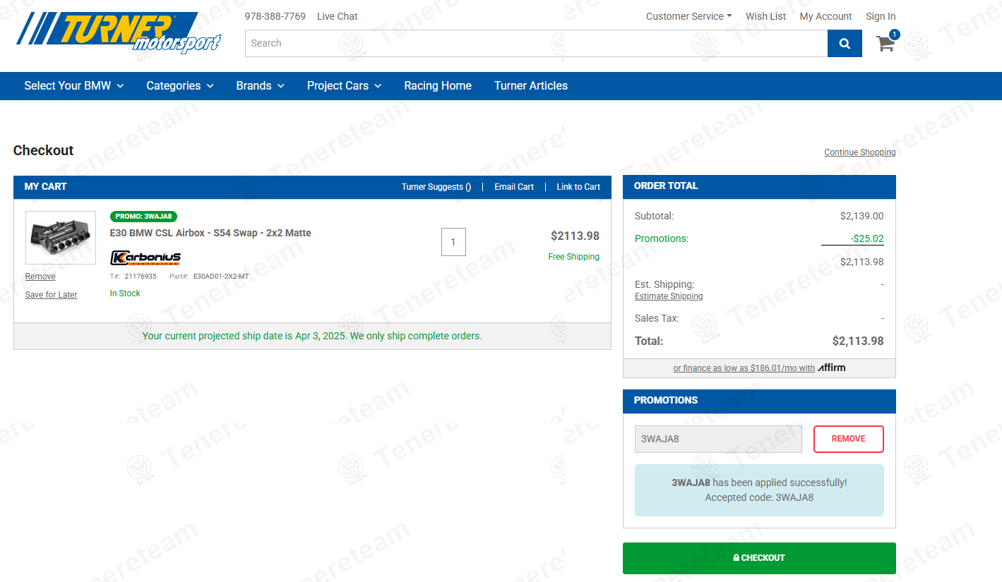 Turner Motorsport coupon code: $25 off with 3WAJA8. Tested and valid as 1 year ago.