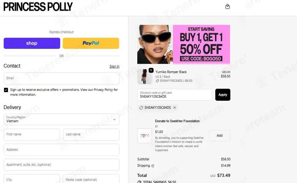 Princess Polly USA coupon code: 10% off with SNEAKY105C84DS. Tested and valid as 3 weeks ago.