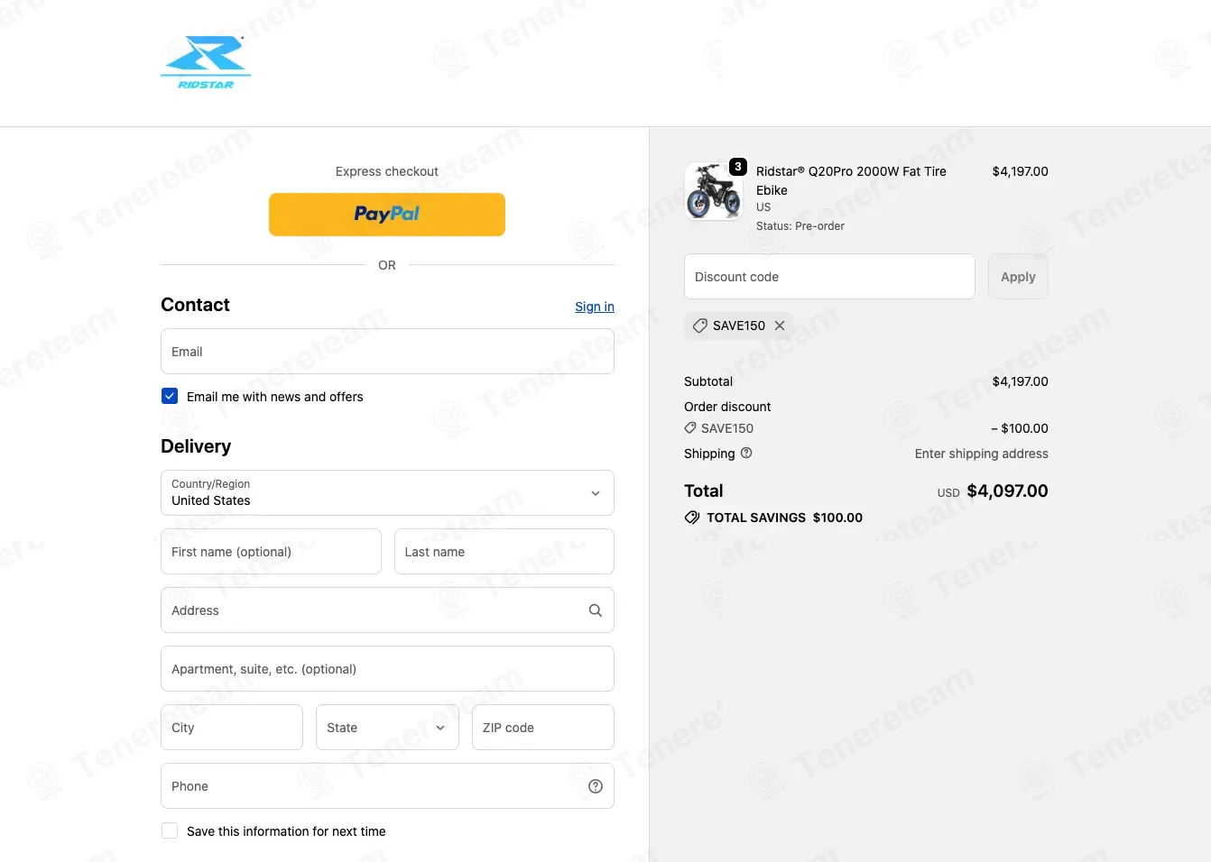 Ridstarebike coupon code: $100 off with SAVE150. Tested and valid as 2 weeks ago.