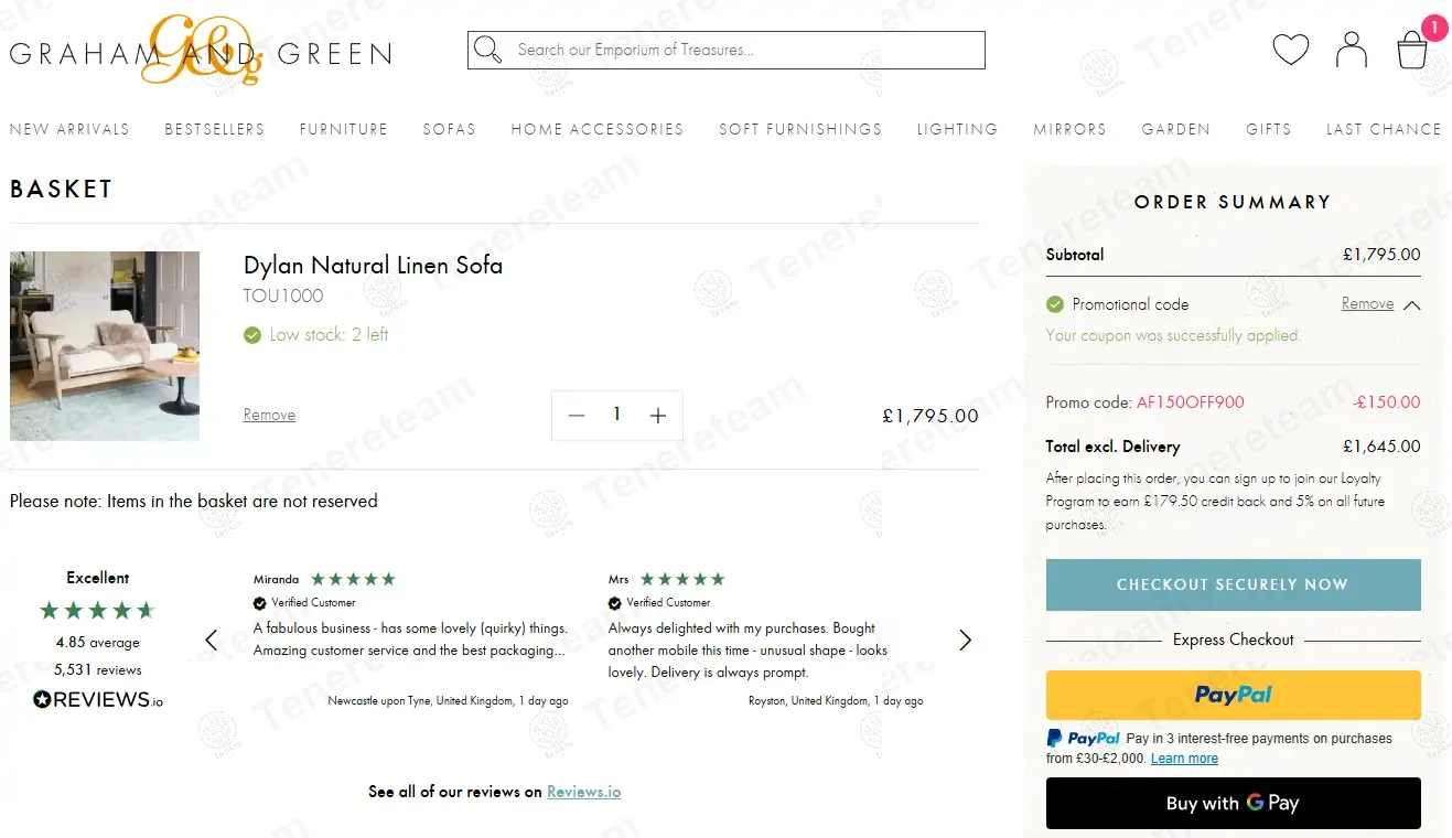 Graham & Green coupon code: £150 off with AF150OFF900. Tested and valid as 1 year ago.