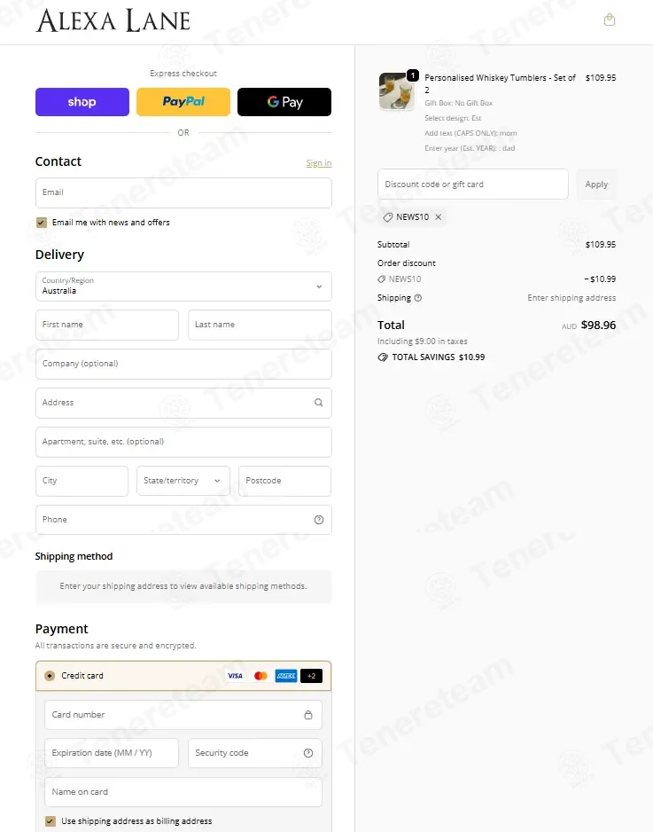 Alexa Lane coupon code: 10% off with NEWS10. Tested and valid as 6 months ago.